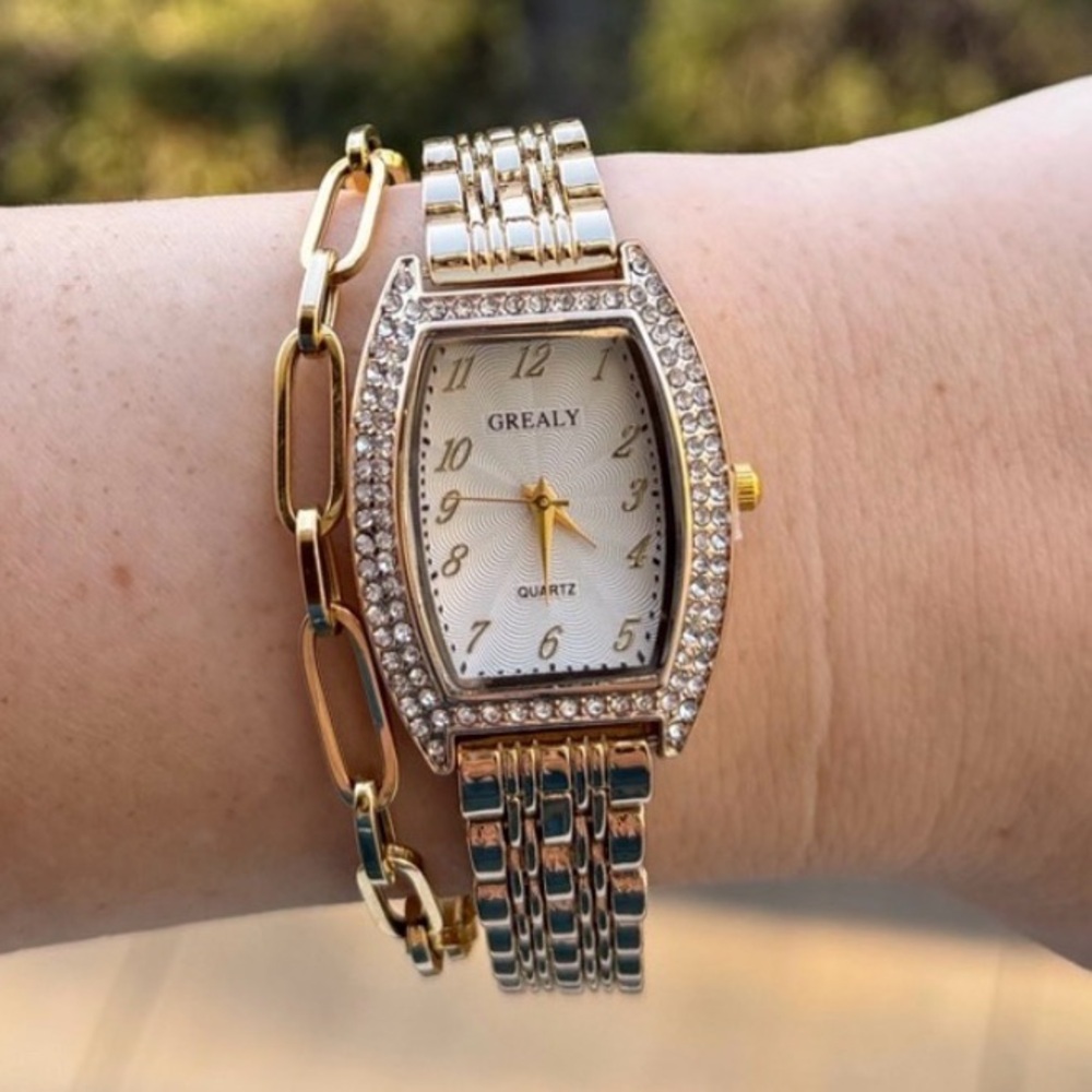 Luxury Gold Panther-Style Watch | Crystal Bezel Rectangular Face - Picture 3 of 7